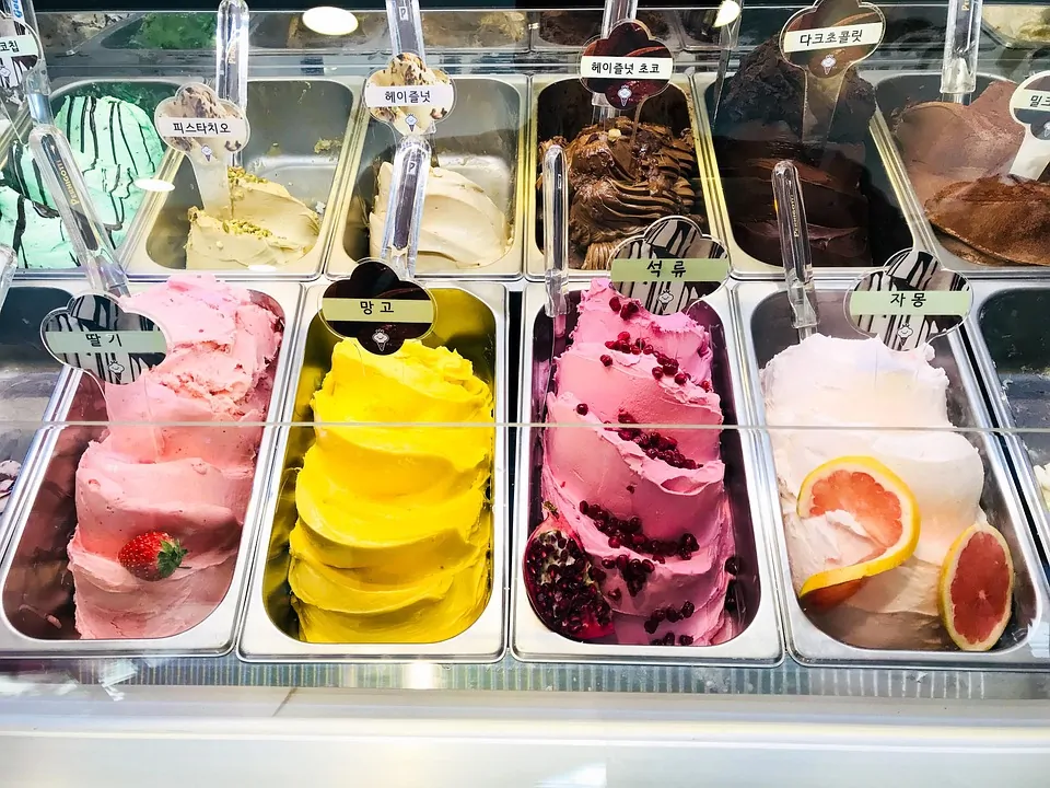 Gelato display cabinet in a busy shop